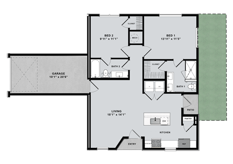 Floor plan for 2 beds, 2 baths, 1007 sqft
